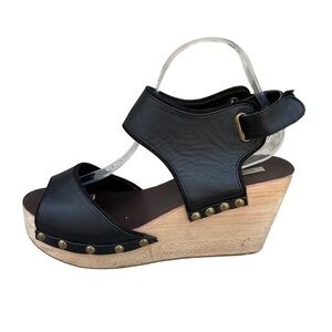 Ecote Black Faux Leather Wood Platform Wedge Sandals